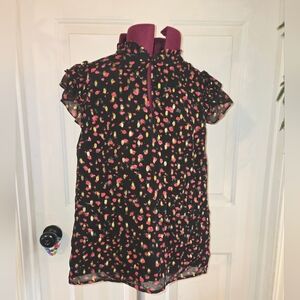 J. Crew Black Red Gold Ruffle Flutter Sleeve Floral Top Medium